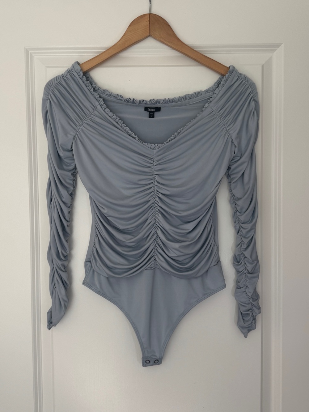 Express Ruched Light Blue Bodysuit with V-Neck